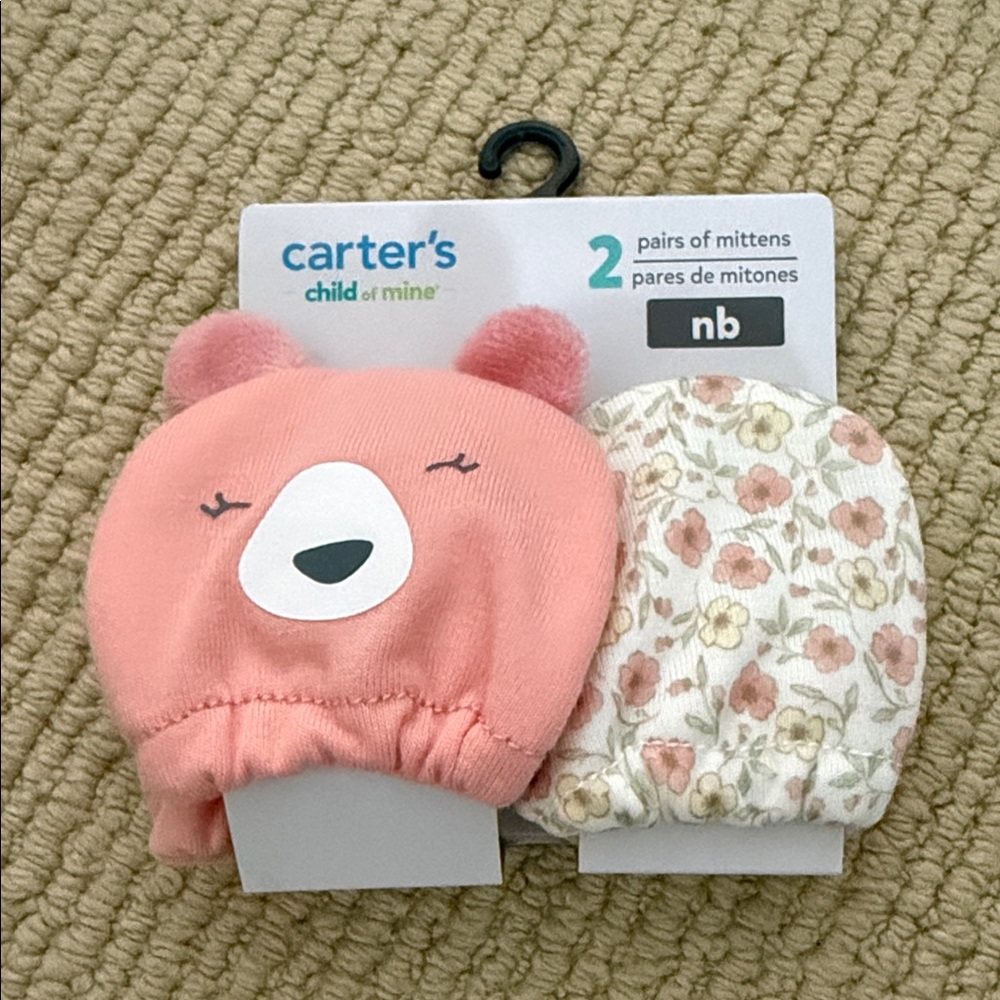 Carter's Pink Bear & Cream Floral Baby Mittens - 2-Pack